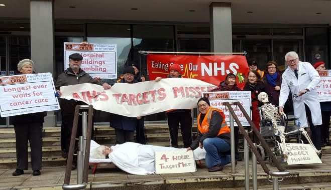 15 February 2020 – ‘Keep Our NHS Public’ Day of Action with our trademark bed and skeleton